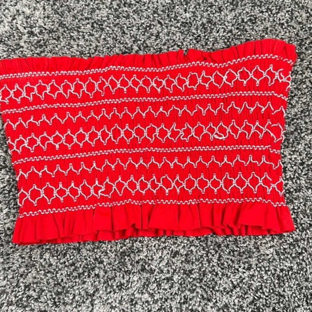 Red strapless swim top